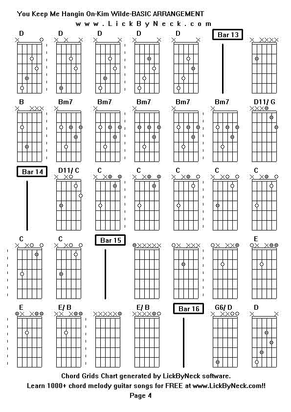 Chord Grids Chart of chord melody fingerstyle guitar song-You Keep Me Hangin On-Kim Wilde-BASIC ARRANGEMENT,generated by LickByNeck software.